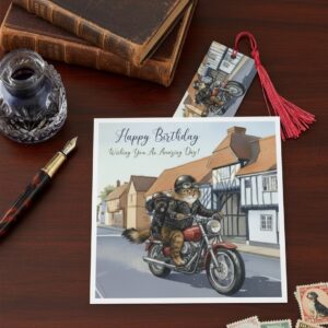 Cottagecore Elstow High Street Cat & Dog Bikers Birthday Greetings Card With Matching Bookmark