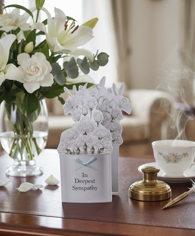 3D Consertina Style Lilly, Rose, Carnation Flowers In Deepest Sympathy Greetings Card - Image 3