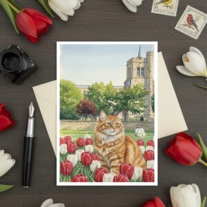 Elstow Abbey From The Distance, Elstow Green In Bedfordshire Greetings Card With Grey Tabby Cat Tulips
