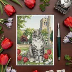 Elstow Abbey From The Distance, Elstow Green In Bedfordshire Greetings Card With Grey Tabby Cat