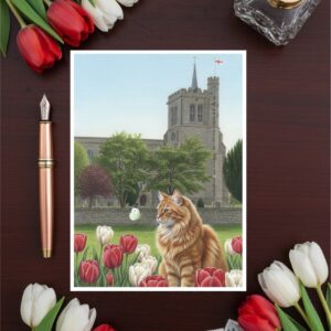 Elstow Abbey From The Distance, Elstow Green In Bedfordshire Greetings Card With Cat Detailed