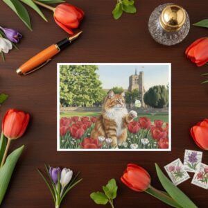 Elstow Abbey From The Distance, Elstow Green In Bedfordshire Greetings Card With Ginger Cat