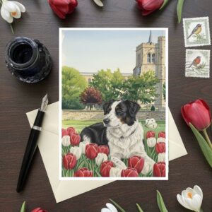 Elstow Abbey From The Distance, Elstow Green In Bedfordshire Greetings Card With Dog