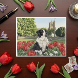 Elstow Abbey From The Distance, Elstow Green In Bedfordshire Greetings Card With Dog Playing With Butterfly
