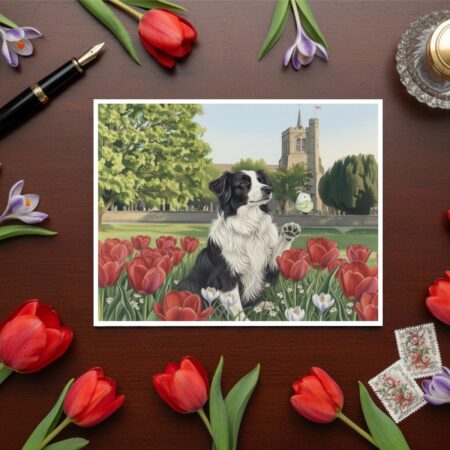 Elstow Abbey From The Distance, Elstow Green In Bedfordshire Greetings Card With Dog Playing With Butterfly