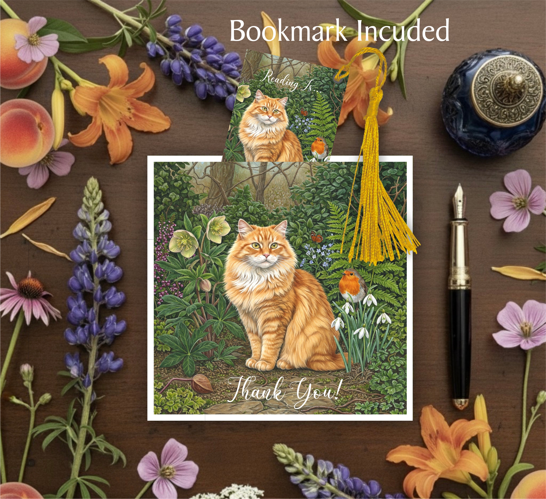 Longhaired Ginger Tabby Cat With Bookmark Gift