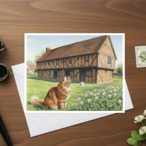 Moot Hall, Elstow Green Near Bedford In Bedfordshire Greetings Card With Cat