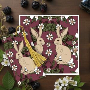 Cottagecore Two Hares In A Blackberry Patch Art Card With Matching Gold Tassled Bookmark