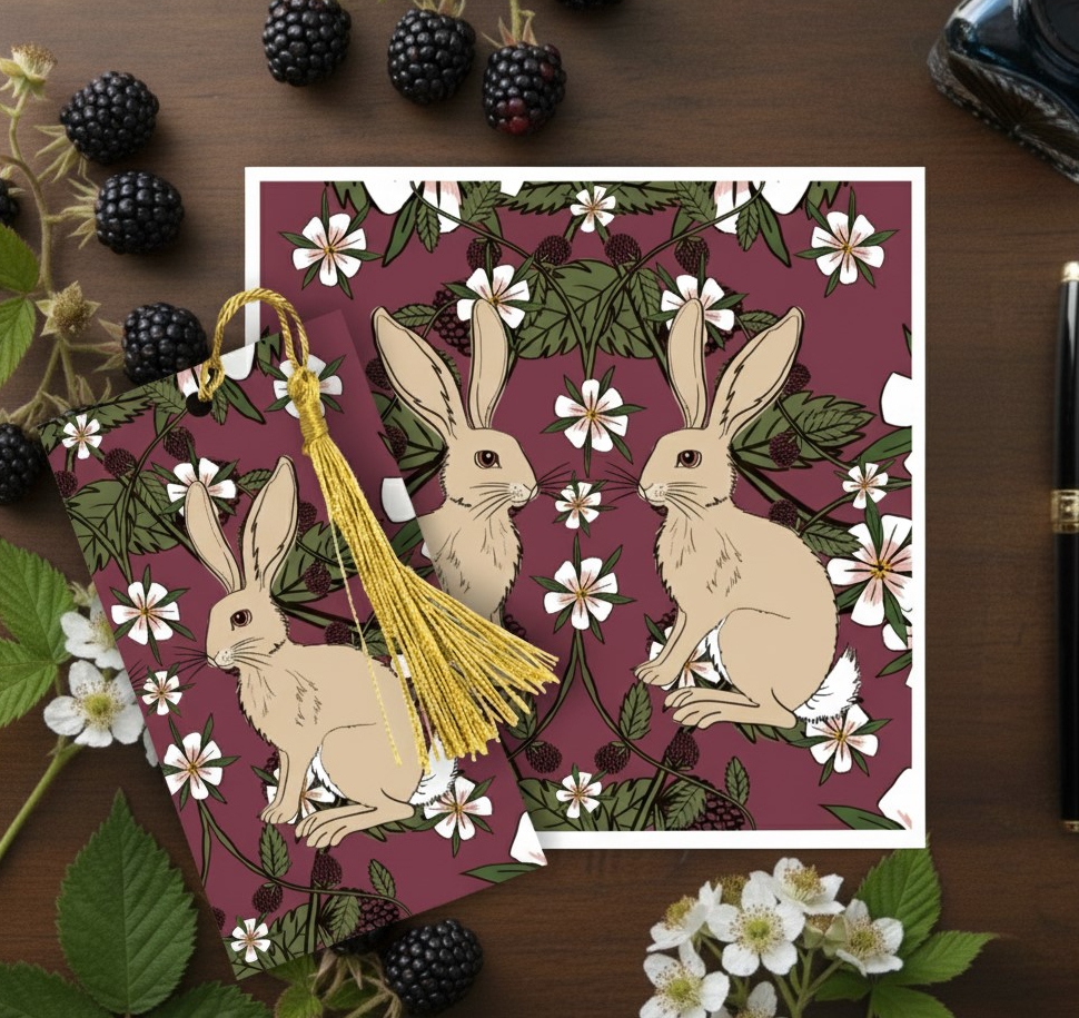 Cottagecore Two Hares In A Blackberry Patch Art Card With Matching Gold Tassled Bookmark