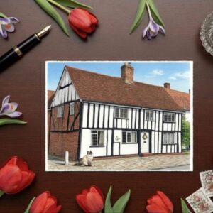 Elstow High Street Tudor Jacobean Building In Bedfordshire With Cat & Butterfly Greetings Card